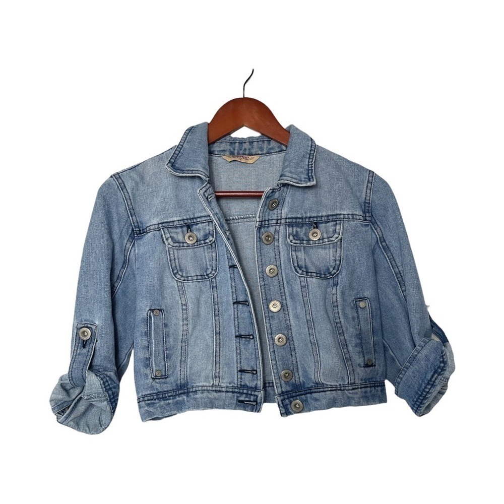Womens Light Wash Denim Jacket Cropped Roll Tab‎ Sleeves Distressed Y2K